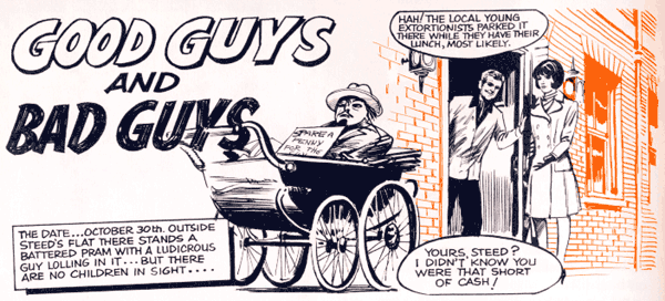 Steed and Tara find a Guy Fawkes outside Steed's pad