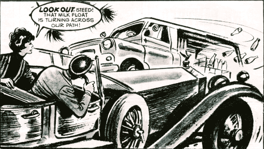 A milkfloat hurtles across the path of Steed's Bentley - TV Comic Holiday Special 1972