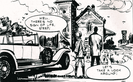 Steed and Tara regard the abandoned railway station in TV Comic #1002